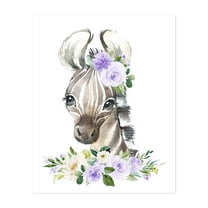 Zebra, Jungle Animals, Safari Animals, Purple Flowers, Gender Neutral Nursery - Illustration Watercolor Animal Floral Whimsical Botanical Unframed Wall Art Print 6 x 8 inches