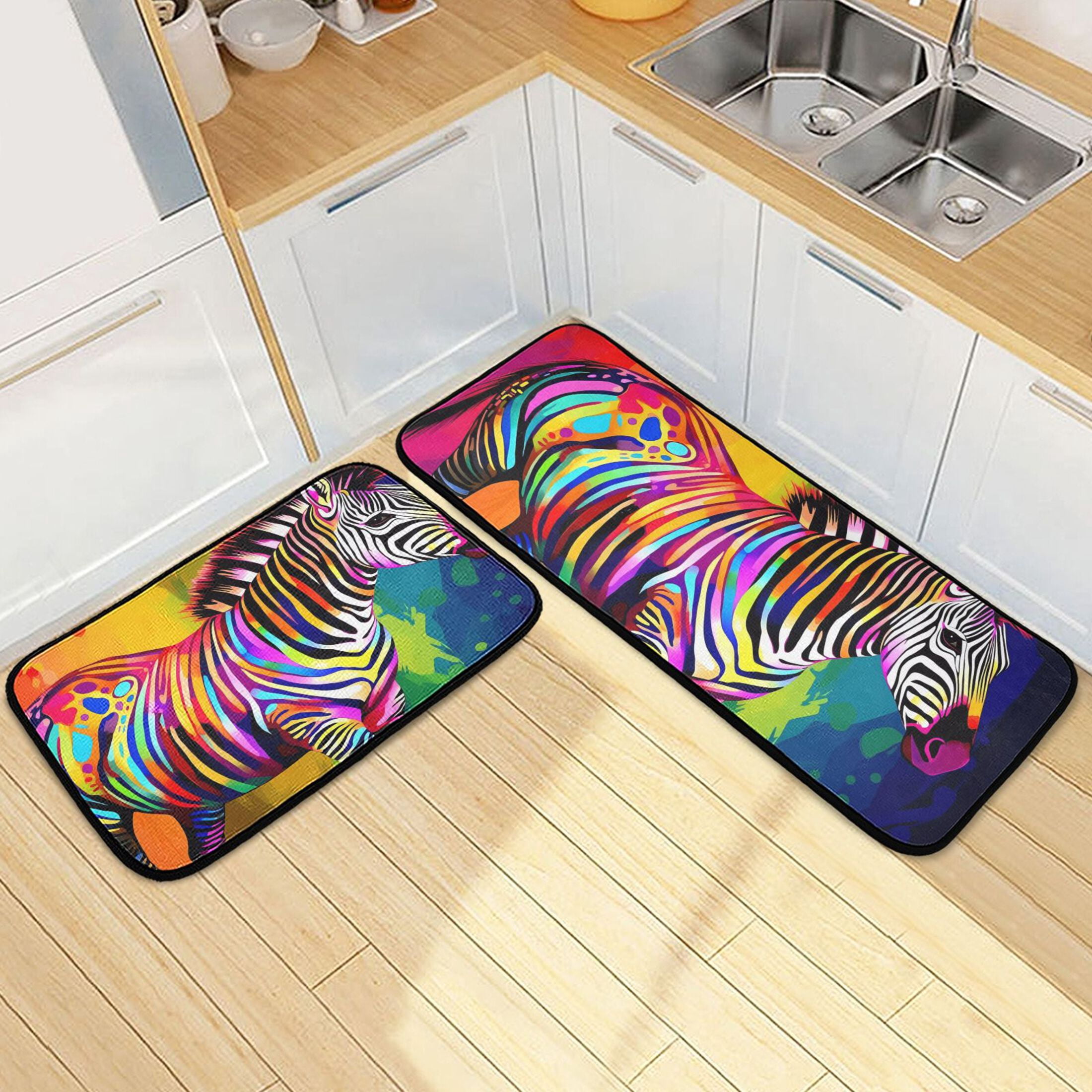 Zebra Kitchen Mats Set 2 Piece Non Slip Floor Foam Rugs Cushioned Soft ...