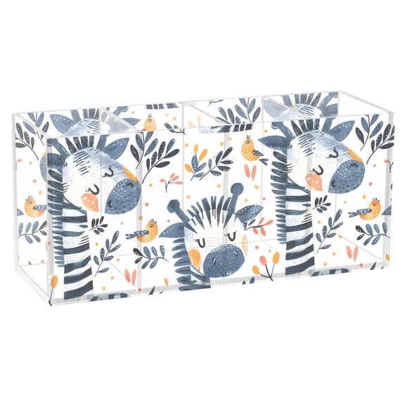 Zebra Leaf Birds Acrylic Pencil Pen Holder Cup 4 Compartments Desktop Organiser 7.87"x2.78"x3.54"