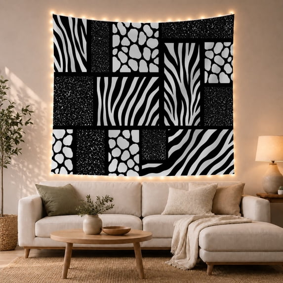Zebra and Leopard Print Collage in Grid, Dramatic Abstract for Modern Decor Fans, Monochrome Pattern Art, Housewarming Gift Tapestry Wall Hanging for Living Room and Bedroom