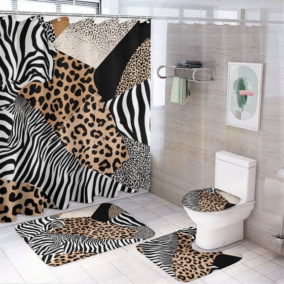 Zebra Leopard Print Mix Shower Curtain Waterproof Bathroom Curtain Set 4pcs with Hooks Rugs Mat Bathroom Curtains Home Decor