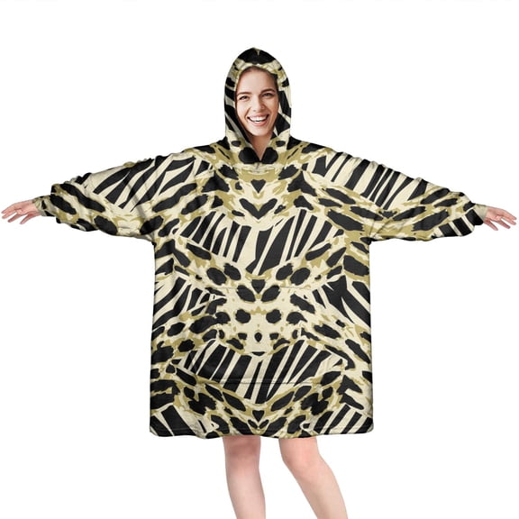 Zebra and Leopard Print Pattern Wearable Oversized Blanket,Wearable Blanket Hoodie for Adults,Cozy Hooded Blankets with Super Pockets,Super Warm Fuzzy Pullover for Women & Men