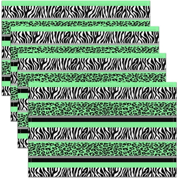 Zebra Leopard Stripes Placemat for Kitchen Dining Table 18"x12" for Kids Teel Green Leopard Placemats Set of 4 Black and White Striped Table Place Mats Wild Animal Indoor Outdoor Decor Table Mats
