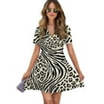 thumbnail image 1 of Zebra Leopard Swirl Print Fabric Women Dress V-Neck Short Sleeve Flowy Swing Party Midi Dress, 1 of 4