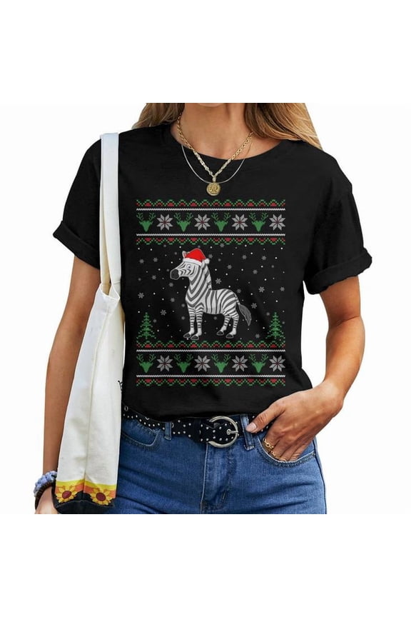 Zebra Lovers Ugly Christmas Sweater Style Graphic Tee Unisex Adult Cotton Holiday Gift for Animal Enthusiasts, Size 4XL, Color Black