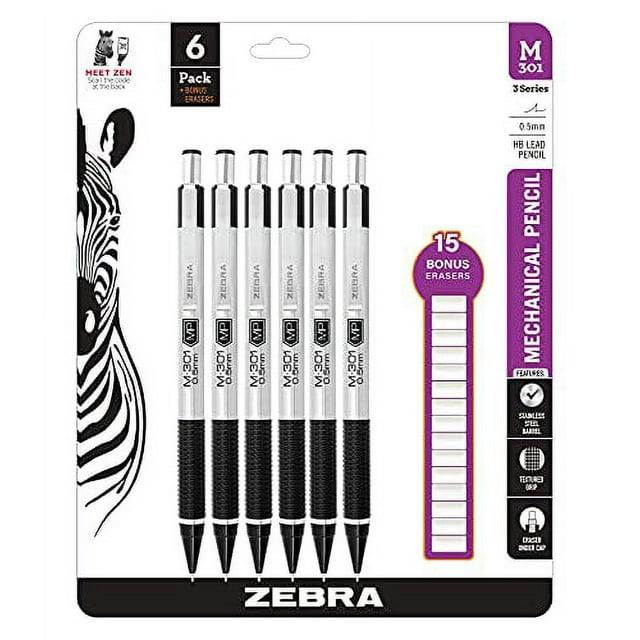 Zebra M301 Stainless Steel Mechanical Pencil 0.5 mm Point Size, 6 Pack