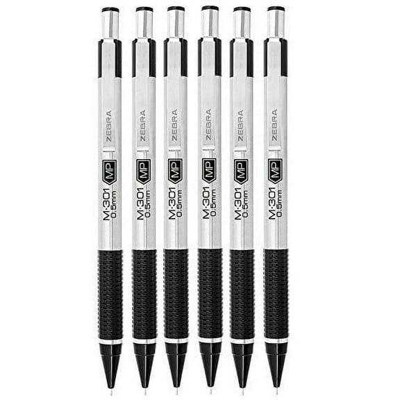 Zebra M-301 Stainless Steel Mechanical Pencil, 0.5mm Point Size, Standard HB Lead, Black Grip, 6-Count