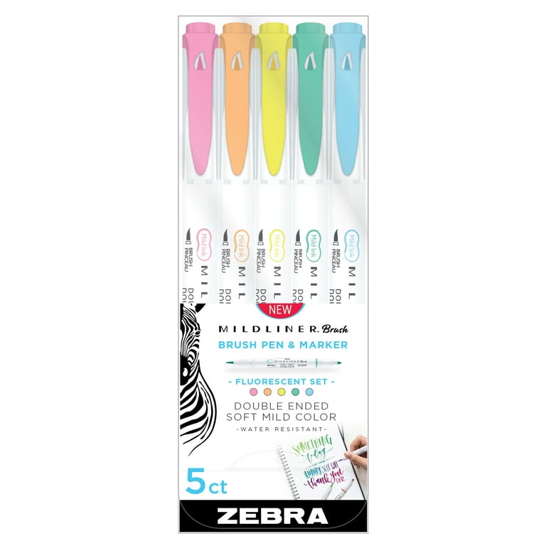 Zebra Mildliner Double-Ended Brush Pen Set, 5-Colors, Fluorescent