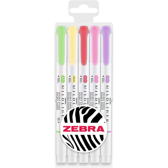Zebra Mildliner Marker Highlighter Pens - Double Ended - Chisel/Bullet Tip - Wallet of 5 - Green, Yellow, Red, Pink, Violet