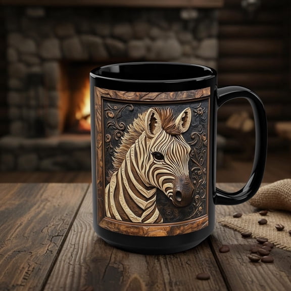 Zebra Mug, Rustic Wood Effect Zebra Coffee Cup, African Safari Wildlife Animal Lover Gift, Africa Decor, 15 oz Ceramic Jungle Savannah Art