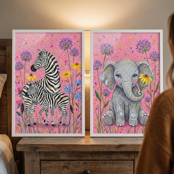Zebra Nursery Poster Elephant Decor Pink Floral Jungle Animal Safari Room Set 2