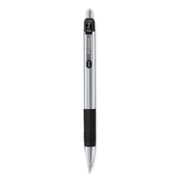 1PC Zebra Z-Grip Metal Ballpoint Pen, Retractable, Medium 1 mm, Black Ink, Silver Barrel, 12/Pack