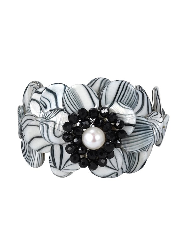 Zebra Painted MOP Shell Cluster Flower Cuff-Bracelet