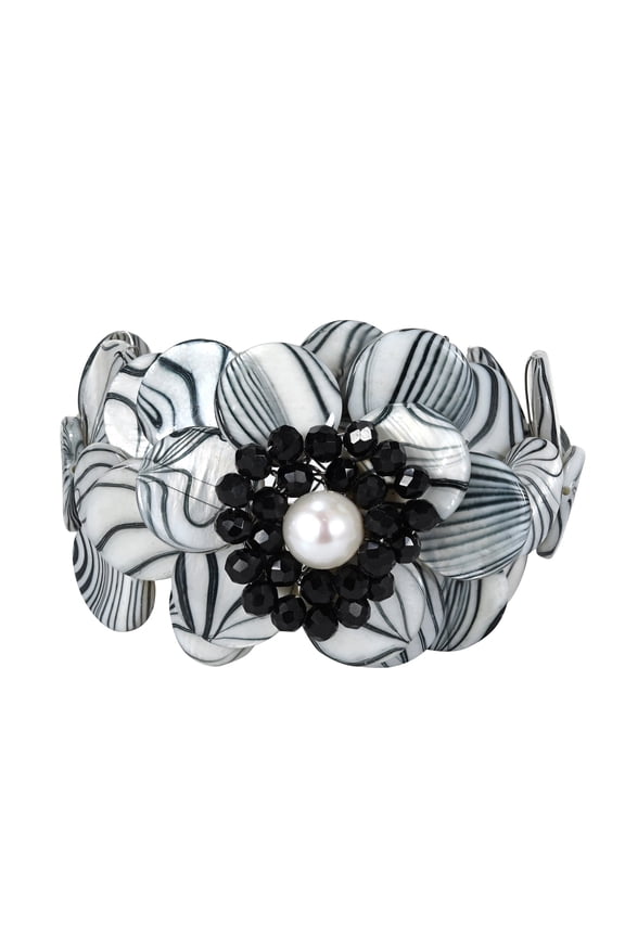 Zebra Painted MOP Shell Cluster Flower Cuff-Bracelet