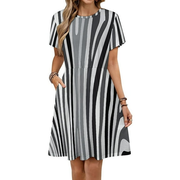 Zebra Pattern Created Grey Black Colour Dress Summer Street Style Dresses Female Short Sleeve Printed Sundress