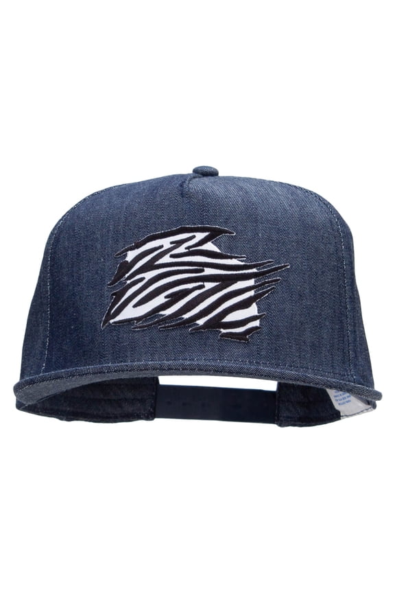 Zebra Pelt Jungle Animal Patched 5 Panel Flat Bill Snapback Cap - Denim Navy OSFM