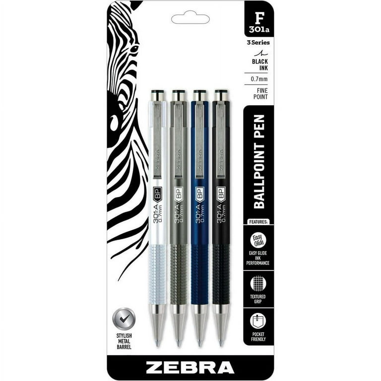 Zebra Pen 301A Stainless Steel Retractable Ballpoint Pens - Fine Pen Point  - 0.7 mm Pen Point Size - Retractable - Black - Silver Aluminum, Gray