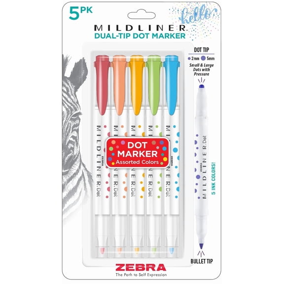 Zebra Pen 73405 Mildliner Dual-Tip Dot Stamp Marker, Water-Based Pigment Ink, Create Small and Large Bullets & Dots, Five Assorted Colors, Ideal for Journaling and Bulleted Lists, 5-Pack