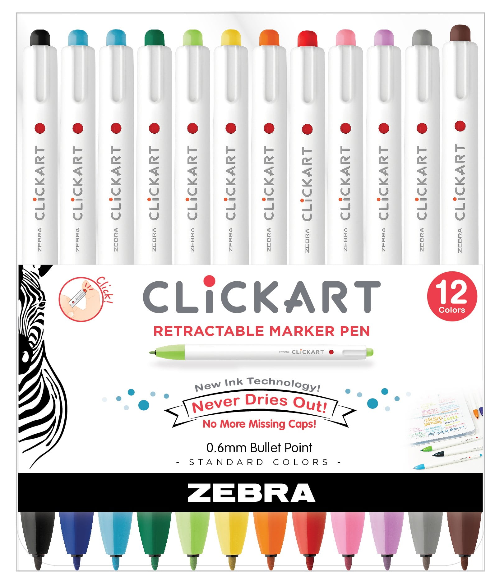 Zebra Pen ClickArt Retractable Marker, 0.6mm Fine Bullet Point Tip, Water  Based Ink, Assorted Colors, 12 Pack 