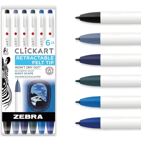 Zebra Pen 69116 CLiCKART Retractable Felt Tip Pen, Assorted Ink Nightscape Colors, 0.6mm Fine Point, Moisture Absorbing to Prevent Drying Out, No Bleed, Ideal for Journaling and Drawing, 6-Pack