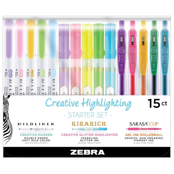Zebra Pen Creative Highlighting Starter Set, Includes 10 Highlighters and 5 Sarasa Clip Retractable Gel Pens, Assorted Ink Colors, 15-Pack