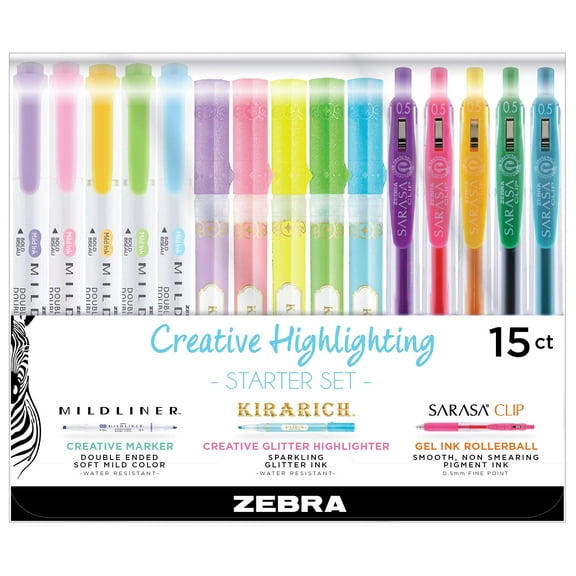 Zebra Pen Creative Highlighting Starter Set, Includes 10 Highlighters and 5 Sarasa Clip Retractable Gel Pens, Assorted Ink Colors, 15-Pack