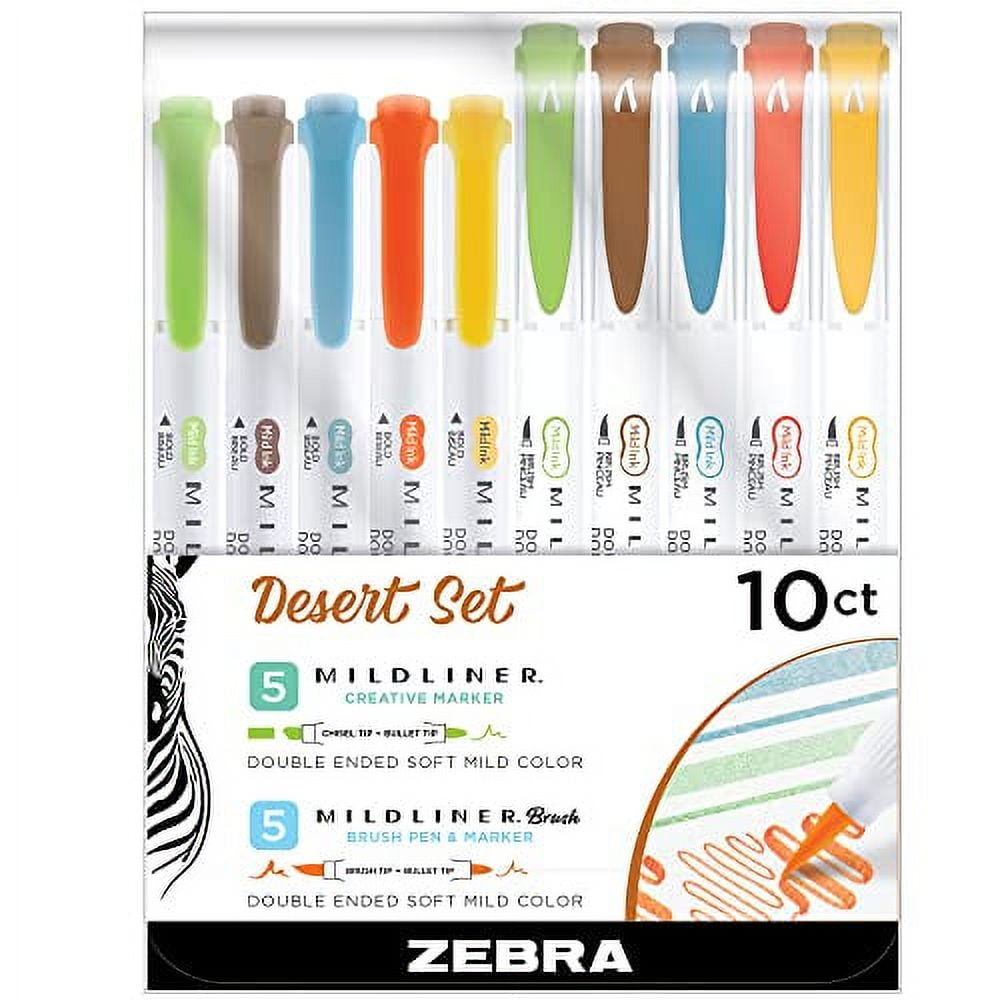 Zebra Pen Mildliner Brush Marker, Double Ended Brush and Fine Tip Pen,  Assorted Fluorescent Colors, 5 Pack