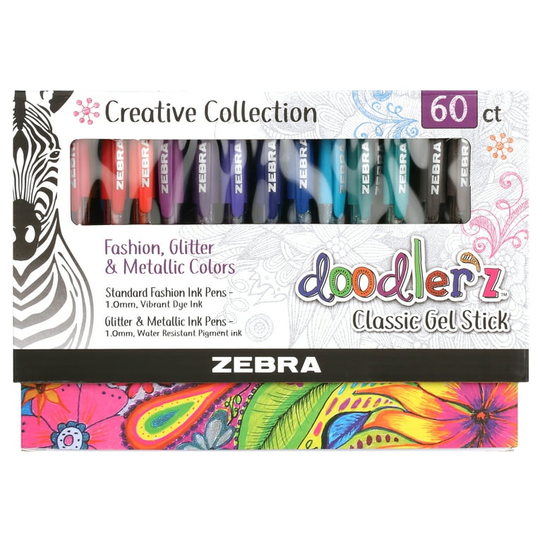 Zebra Doodlerz Gel Stick Pens, Bold Point 1.0mm, Assorted Colors, 60-Count