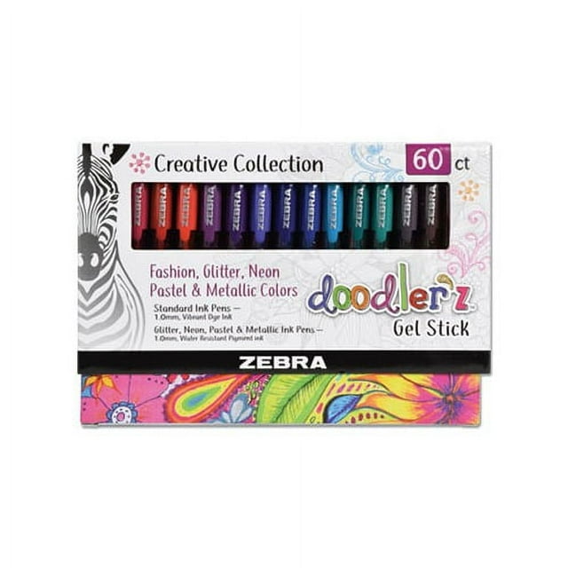 Zebra Pen Doodlerz Gel Stick Pens, Bold Point 1.0mm, Assorted Colors, 60-Count