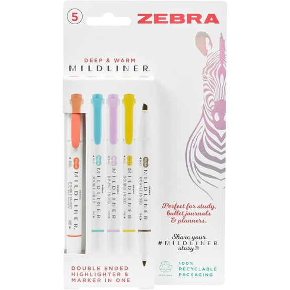 Zebra Pen Dual Tip MILDLINER Warm Highlighters & Colouring Pens 5pk - Double Sided Felt Tip Pens with 4mm Broad Chisel Tip and 1mm Fine Bullet Tip - Assorted Highlighter Colours - 5 Pack