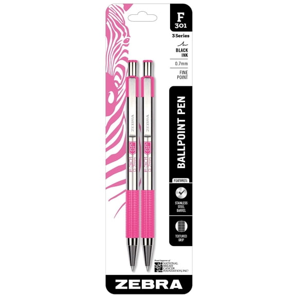 Zebra Pen 37112 Model F-301 Retractable Ballpoint Pen, Black, Ink Fine Point, 0.7mm, Easy-Glide Ink, BCA Pink Accents, Professional Design, Ideal for Office, Journal and Planner Use