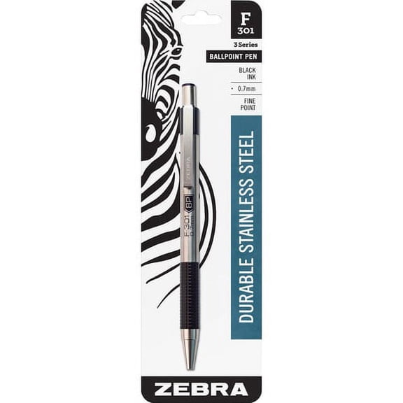 Zebra Pen F-301 Retractable Ballpoint Pen - Fine Pen Point - 0.7 mm Pen Point Size - Refillable - Retractable - Black - Stainless Steel Barrel - 1 Each | Bundle of 10 Each