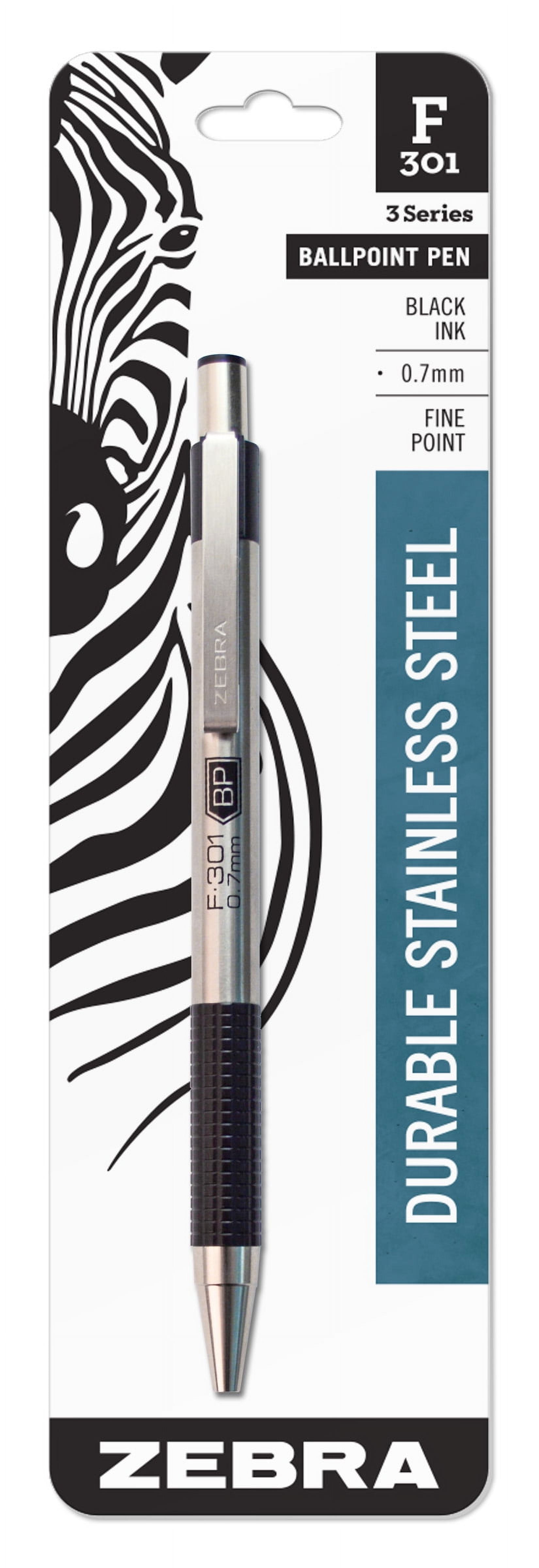 Zebra Pen F-301 Retractable Ballpoint Pen - Fine Pen Point - 0.7 mm Pen Point Size - Refillable - Retractable - Black - Stainless Steel Barrel - 1 Each | Bundle of 5