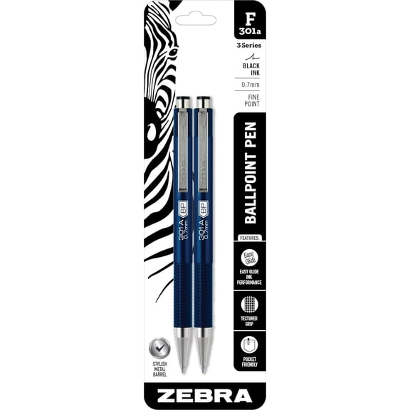 Zebra Pen STEEL F-301A Ballpoint Pen Black Ink 0.7mm Fine Point 2 Pack