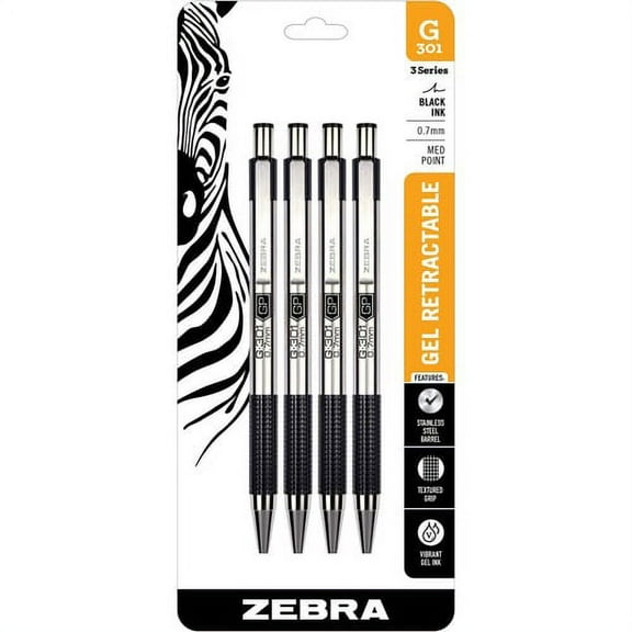 Zebra Pen G-301 Stainless Steel Retractable Gel Pen - 0.7 mm Pen Point Size - Refillable - Retractable - Black Gel-based Ink - Metal Barrel - 4 / Pack | Bundle of 10 Packs