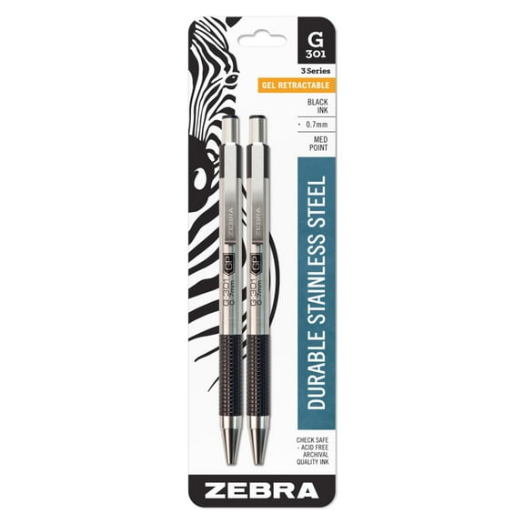 Zebra G-301 Stainless Steel Retractable Gel Pen, 0.7mm, Black Ink