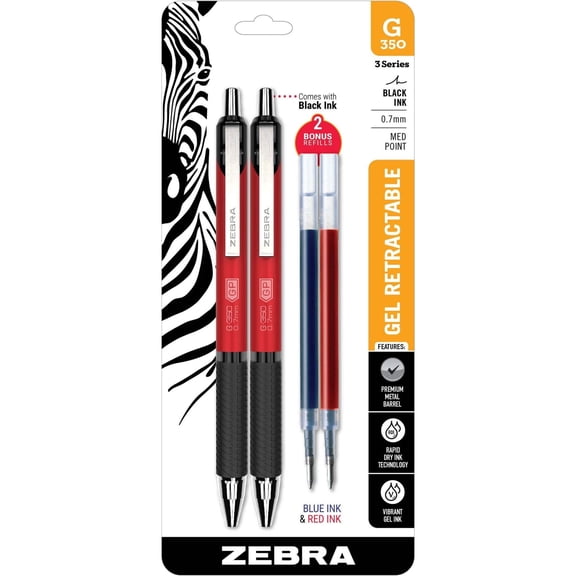 Zebra Pen STEEL G-350 Retractable Gel Pen 0.7mm Black Ink 2 Pack with Red and Blue Refills Crimson Red Barrel