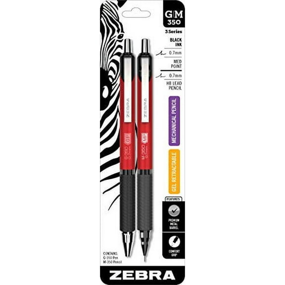 Zebra Pen G-350 and M-350 Retractable Gel Pen/Mechanical Pencil Set, Premium Red Metal Barrel, Medium Point, 0.7mm, 2-Pack (11132)