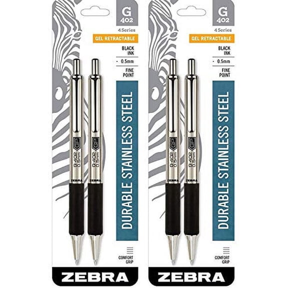Zebra Pen G-402 Stainless Steel Retractable Gel Pen, Fine Point, 0.5 mm, Black Ink, 4-Count (49212)