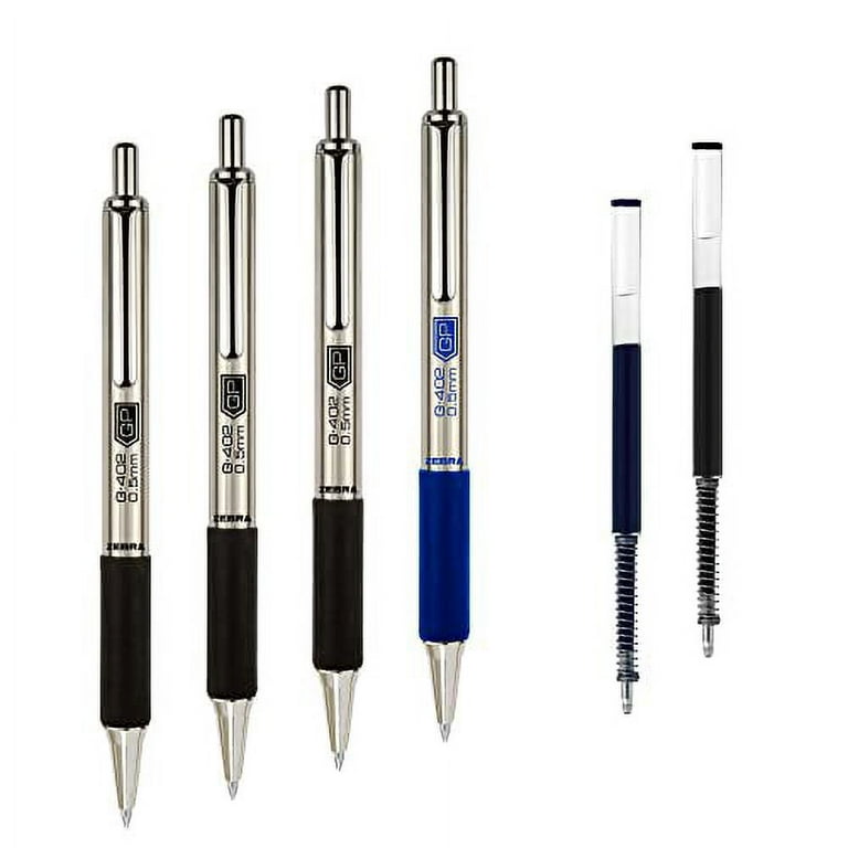 Zebra Pen G-402 Stainless Steel Retractable Gel Pen, Premium Metal Barrel,  Fine Point, 0.5mm, Black and Blue Ink, 4-Pack Plus Refills, (50072)