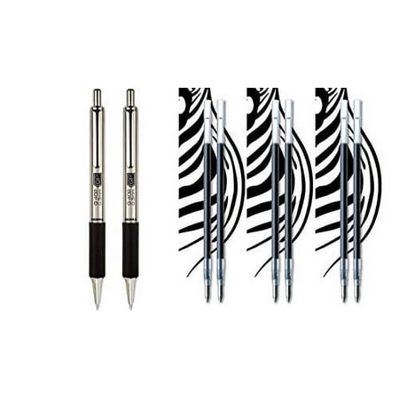 Zebra Pen G-402 Stainless Steel Retractable Gel Pen & Refills, Fine Point, 0.5mm, Black Ink, 2 Pens and 6 Refills