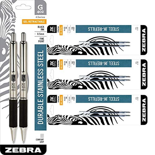 Zebra Pen G-402 Stainless Steel Retractable Gel Pen & Refills Fine Point 05mm Black Ink 2 Pens and 6 Refills