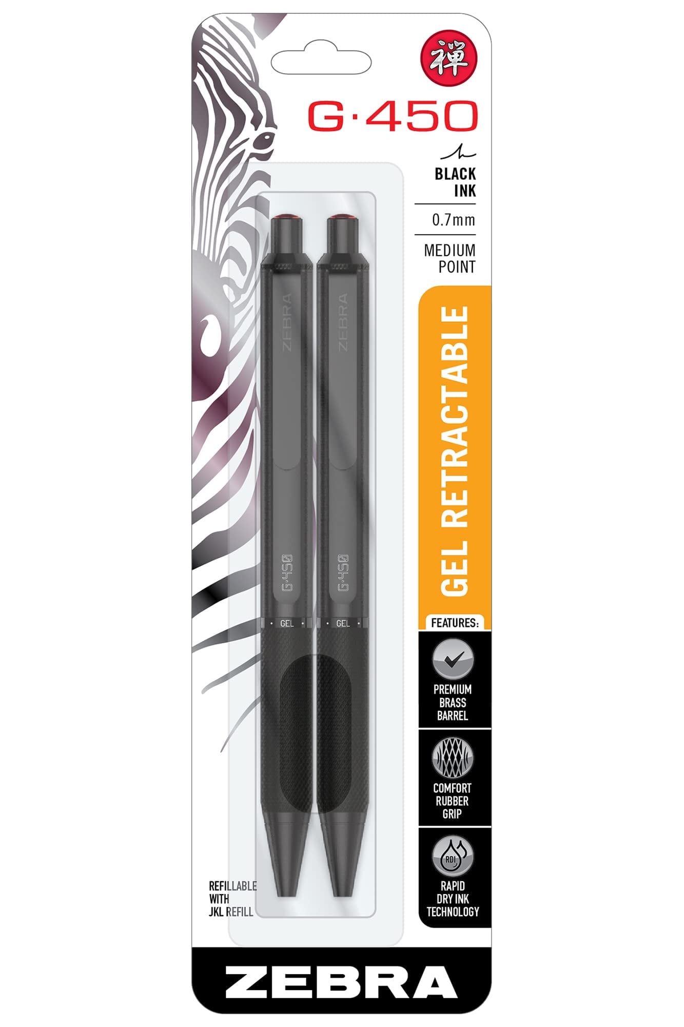 Zebra Pen G-450 Retractable Gel Pen, Black Brass Barrel, Medium Point, 0.7mm, Black Ink, 2 Count (Pack of 1) (49512), Black, Refillable
