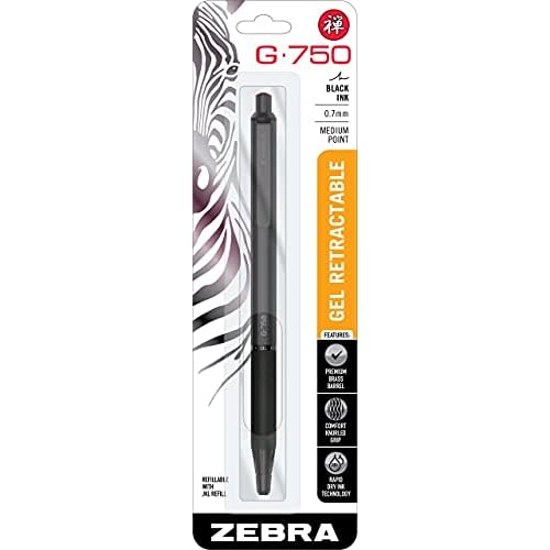 Zebra Pen G750 Retractable Gel Pen, Black Brass Barrel, Medium Point