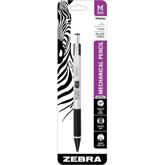 Zebra Pen M-301 Stainless Steel Mechanical Pencils - 0.5 mm Lead Diameter - Refillable - Silver Stainless Steel, Black Barrel - 1 Each | Bundle of 10 Each