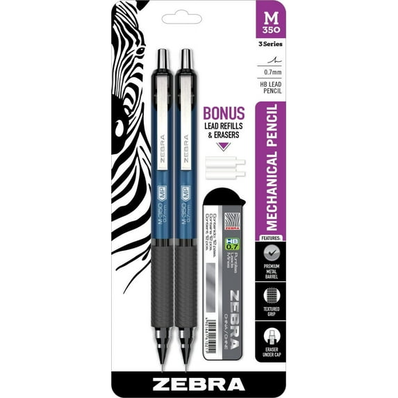 Zebra Pen M-350 Mechanical Pencil, 0.7mm Point Size, Cobalt Blue Barrel, with Lead and Eraser Refills, 2 Pack (57212)