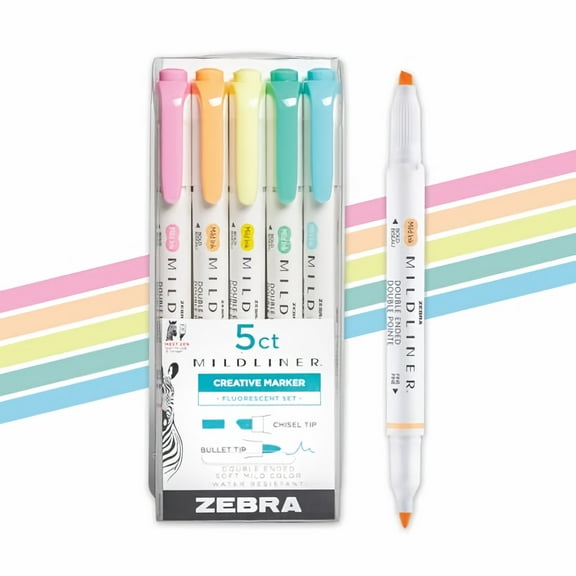 Zebra Pen Mildliner 5-Count Pack Fluorescent Highlighter Set, Multicolors (Pack of 12)