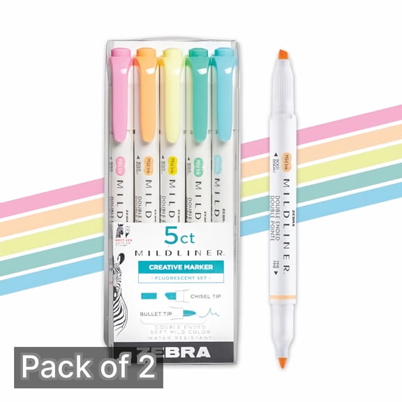Zebra Pen Mildliner Double-Ended 5-Count Highlighter Set, Fluorescent (Pack of 2)
