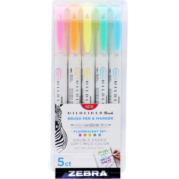 Zebra Pen Mildliner Brush Double-ended Creative Marker Fluorescent Pack - Fine Marker Point - Brush Marker Point Style - Fluorescent Pink Pigment-based, Fluorescent Orange, Flu | Bundle of 10 Packs