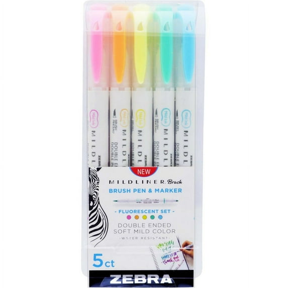 Zebra Pen Mildliner Brush Pen & Marker Set - Fine Marker Point - Brush Marker Point Style - Fluorescent Pink Pigment-based, Fluorescent Orange, Fluore | Bundle of 2 Packs